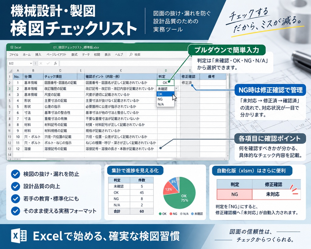 機械設計・製図 検図チェックリスト|60項目|Excel+PDF+自動化版
