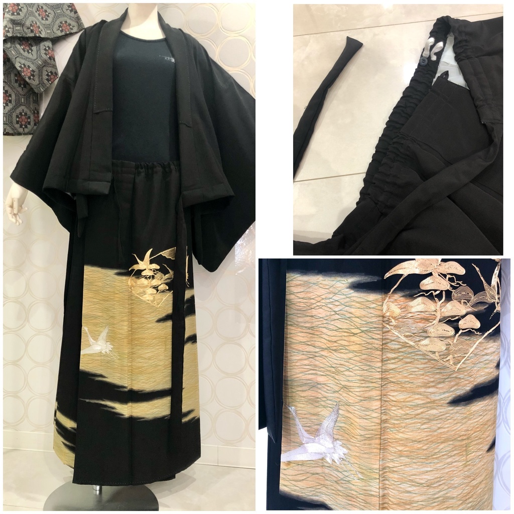 №3 黒留袖 着物リメイク 金銀鶴