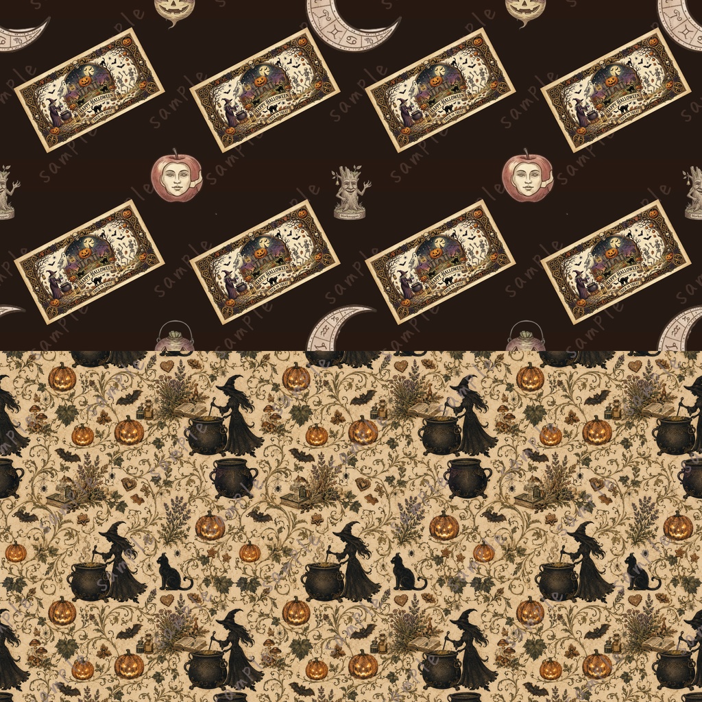 【ハロウィン】レトロ・ノスタルジック デジタルペーパー20枚+限定柄2枚セット|シームレスパターン|商用利用OK |12×12インチ PNG | 背景素材|魔女 古城 かぼちゃ おばけ柄