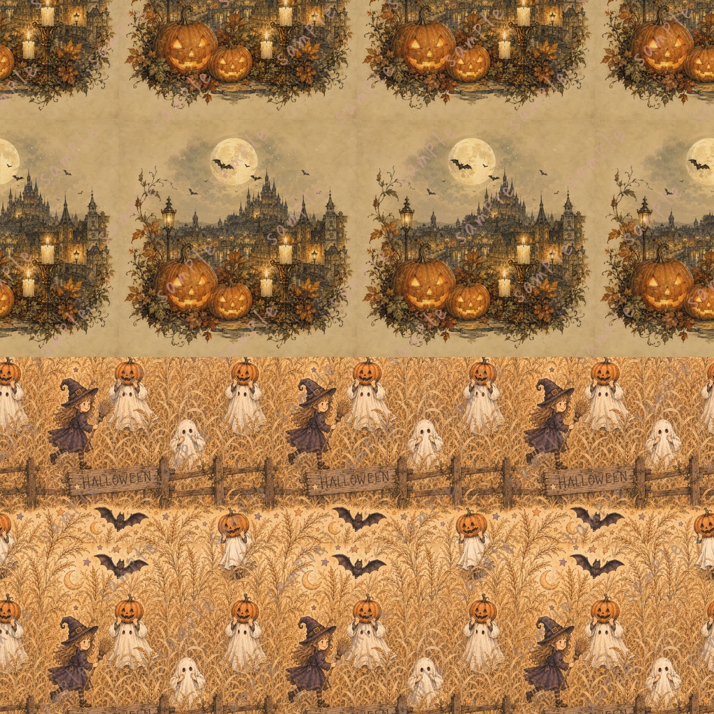【ハロウィン】レトロ・ノスタルジック デジタルペーパー20枚+限定柄2枚セット|シームレスパターン|商用利用OK |12×12インチ PNG | 背景素材|魔女 古城 かぼちゃ おばけ柄