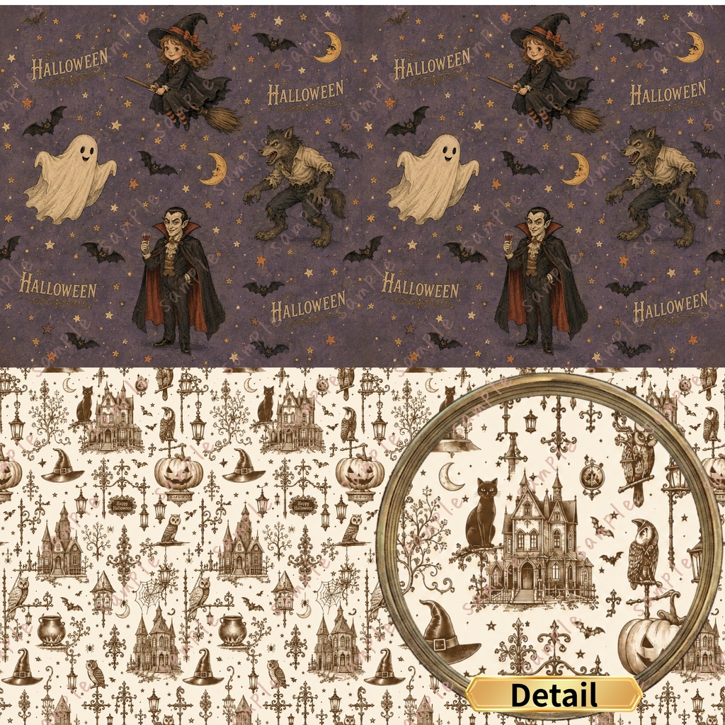 【ハロウィン】レトロ・ノスタルジック デジタルペーパー20枚+限定柄2枚セット|シームレスパターン|商用利用OK |12×12インチ PNG | 背景素材|魔女 古城 かぼちゃ おばけ柄