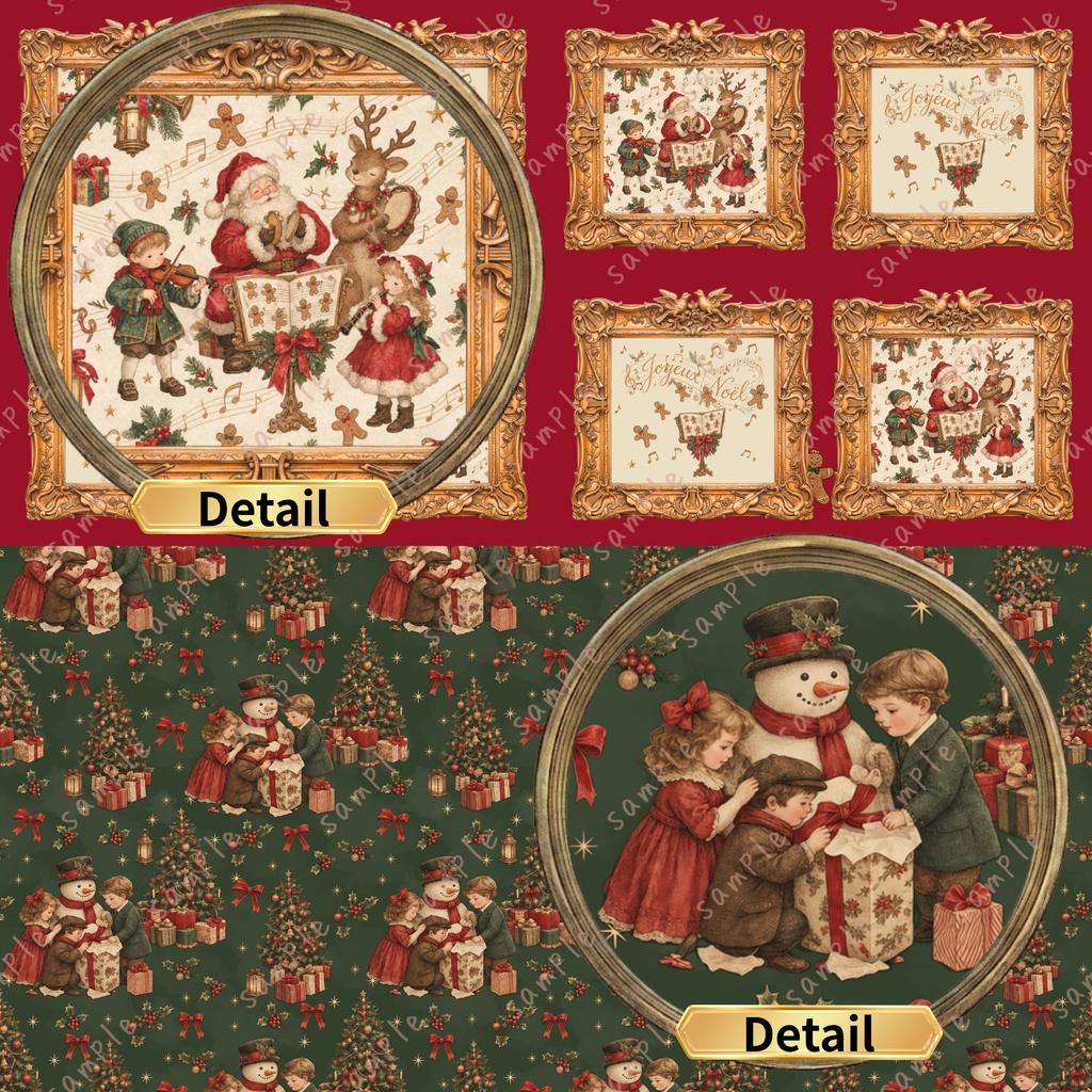 【クリスマス・Xmas】レトロ・ノスタルジック デジタルペーパー 10枚セット(011-020)|シームレスパターン|商用利用OK |12×12インチ PNG |サンタ トナカイ くるみ割り人形 スノーマン ツリー オーナメント ベル |Christmas Digital Paper🎄