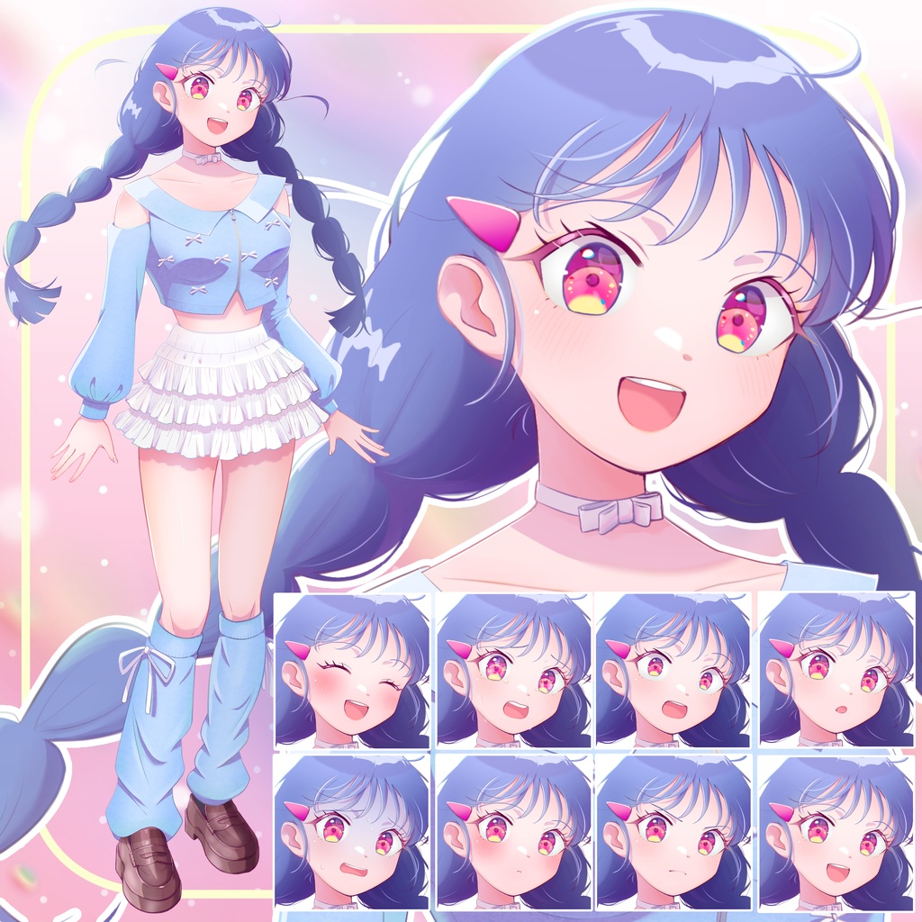 Y2K風三つ編みの女の子・立ち絵素材【表情差分8種】