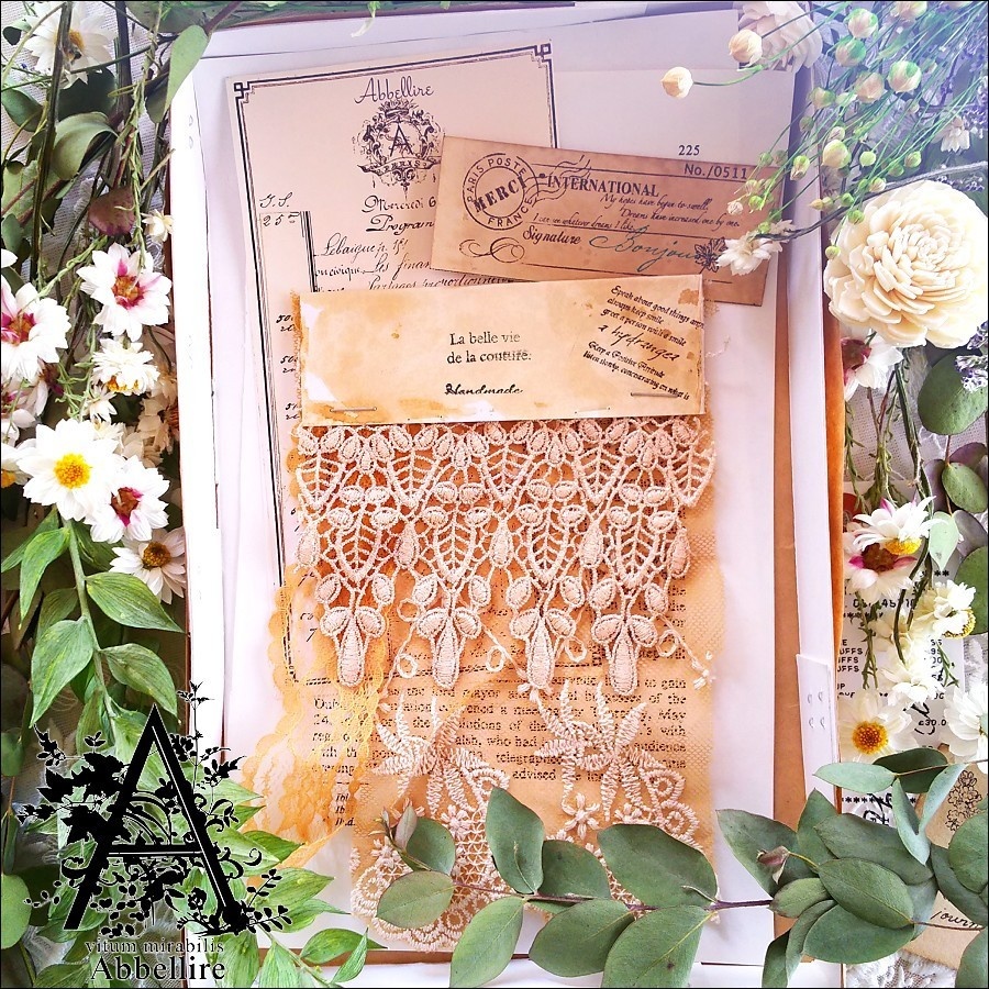 レースサンプル&リング(ゴールド)-紅茶染め-