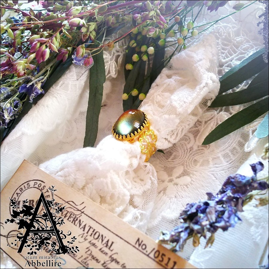 レースサンプル&リング(ゴールド)-紅茶染め-