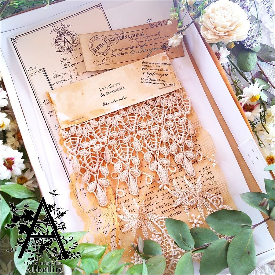 レースサンプル&リング(ゴールド)-紅茶染め-