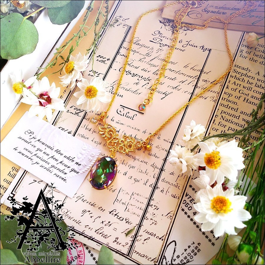 レースサンプル&ネックレス(ミスティックガラス)-紅茶染め-