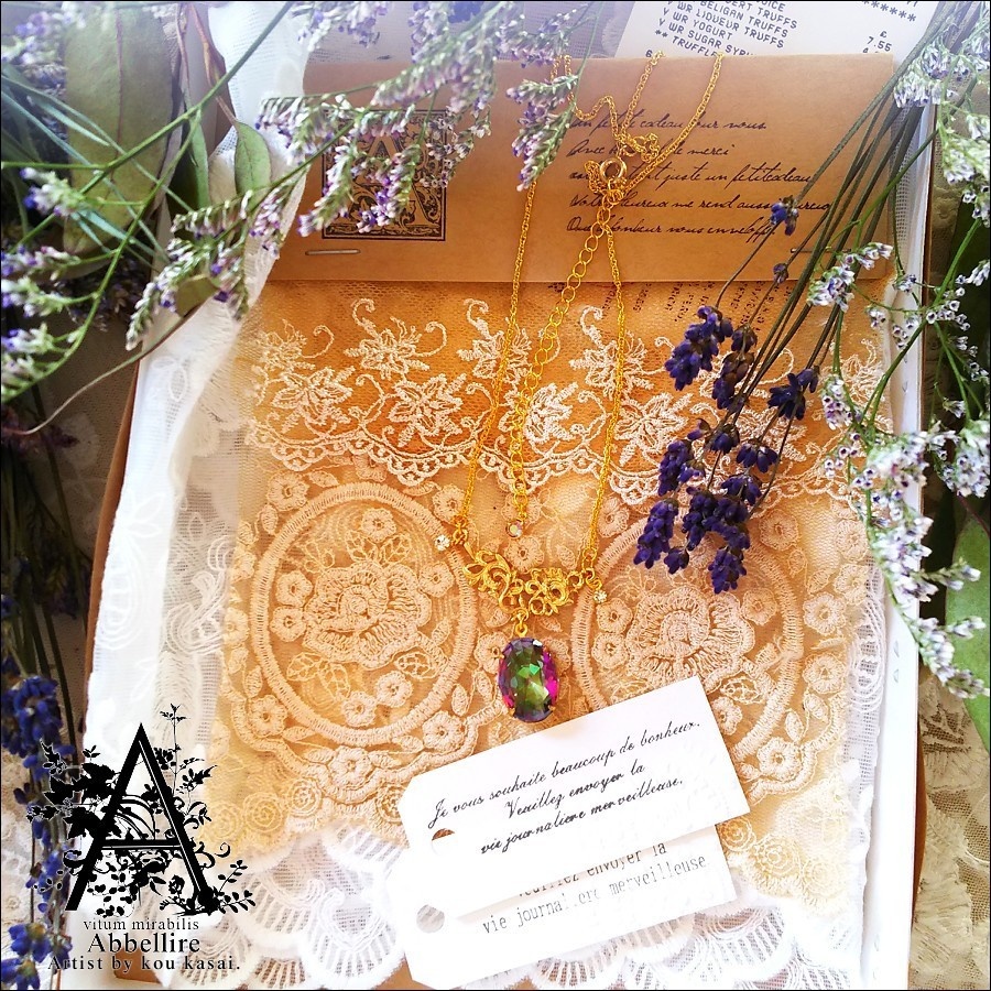 レースサンプル&ネックレス(ミスティックガラス)-紅茶染め-