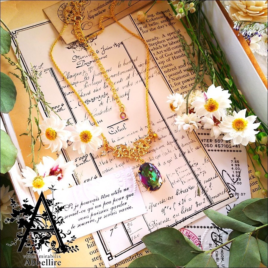 レースサンプル&ネックレス(ミスティックガラス)-紅茶染め-