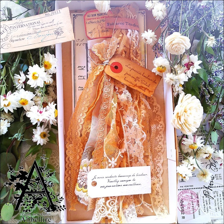 ショートボリュームレースタッセル&アシメイヤリング(ゴールド)-紅茶染め-