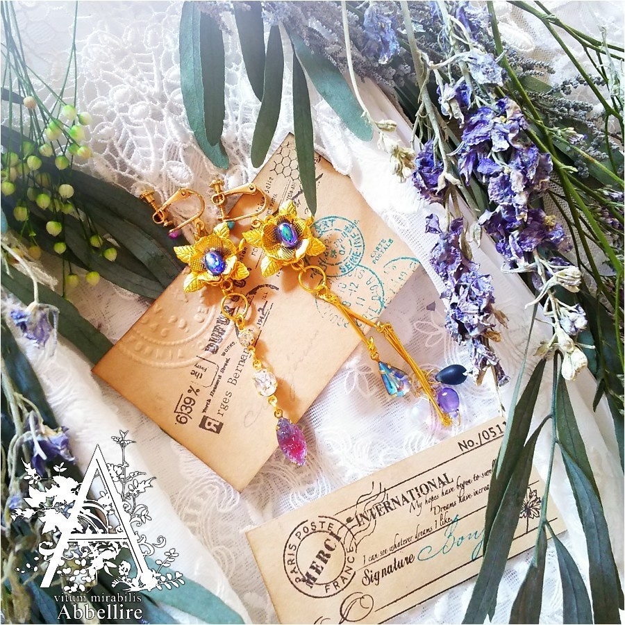 ショートボリュームレースタッセル&アシメイヤリング(ゴールド)-紅茶染め-