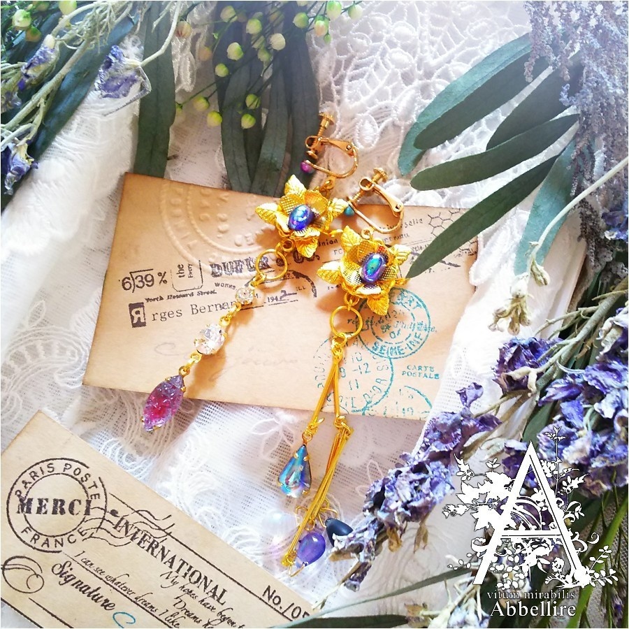 ショートボリュームレースタッセル&アシメイヤリング(ゴールド)-紅茶染め-