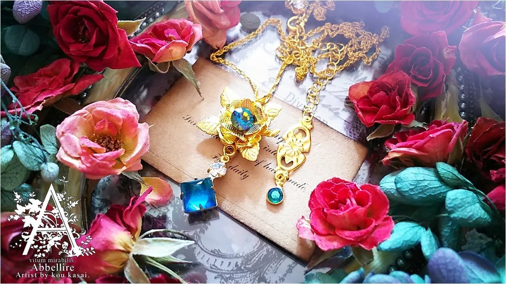 ブルー・スクエア&ローズのネックレス-Vintage-