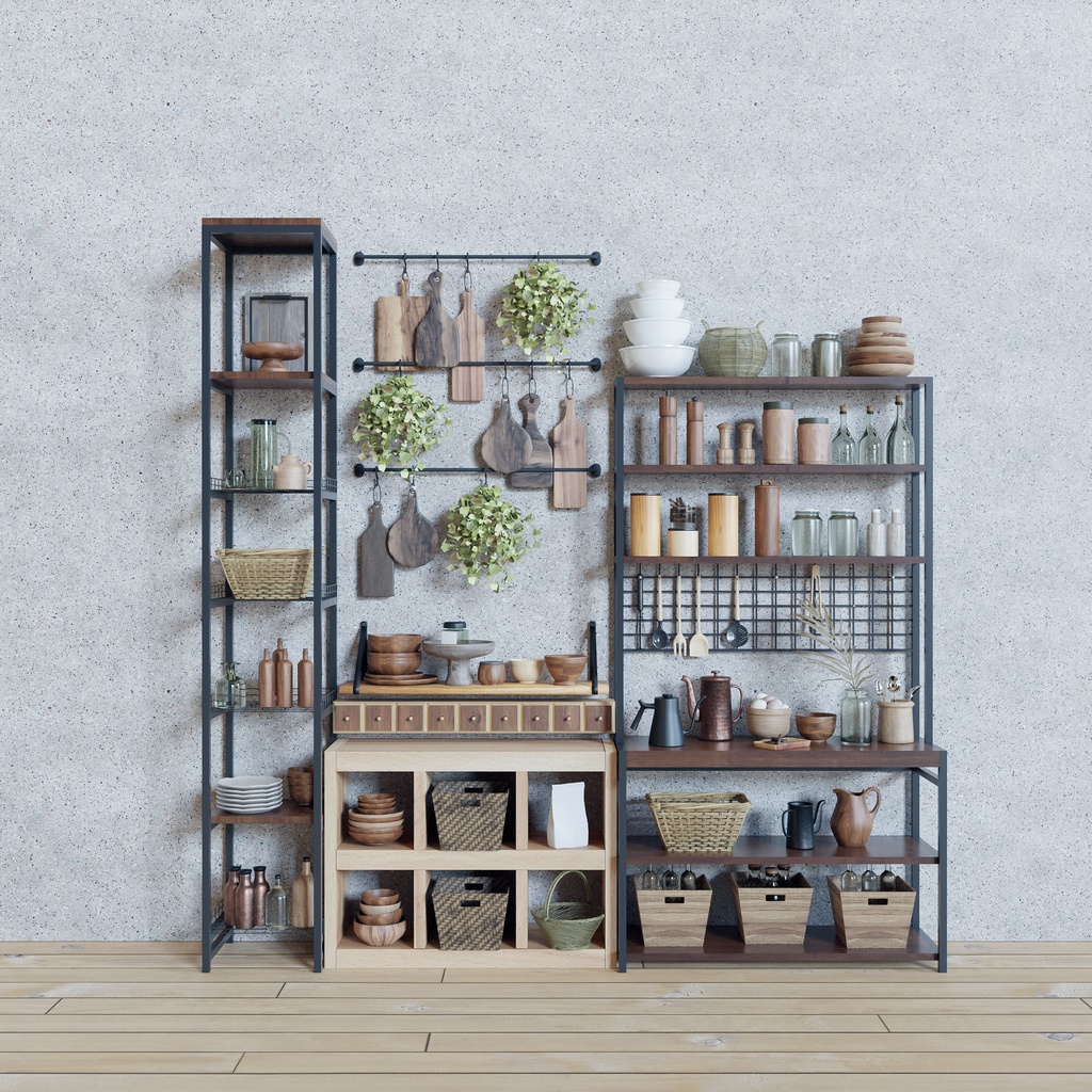 自然素材のキッチン収納+道具 80セット (unitypackage + blender)