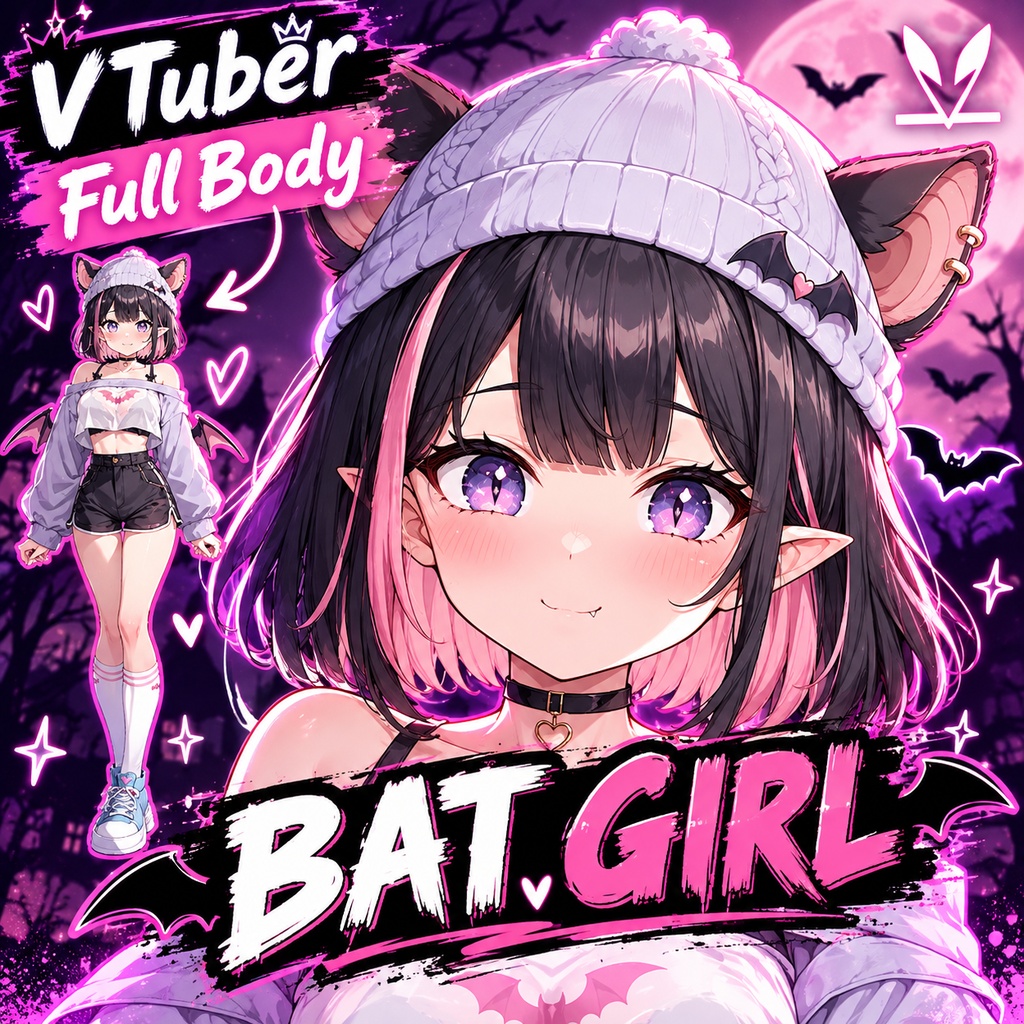Premade VTuber - Cute Bat Girl voor vtube-studio als een schattig roze, full body vtuber animal girl live2d-model aanpasbaar
