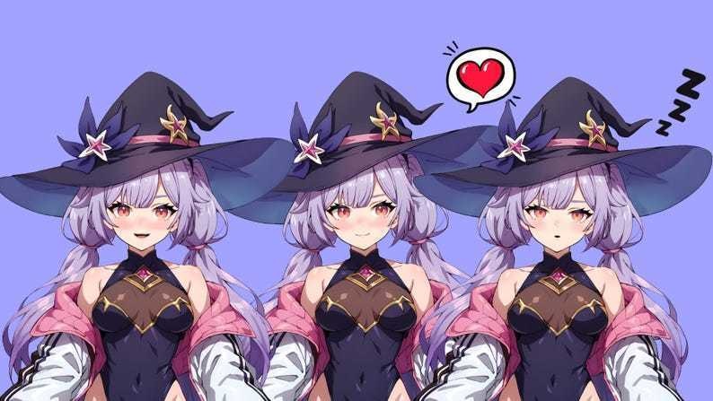 Premade VTuber Witch Mage Girl for vtube studio as a cute Purple, white full body vtuber witch girl full rigged live2d model