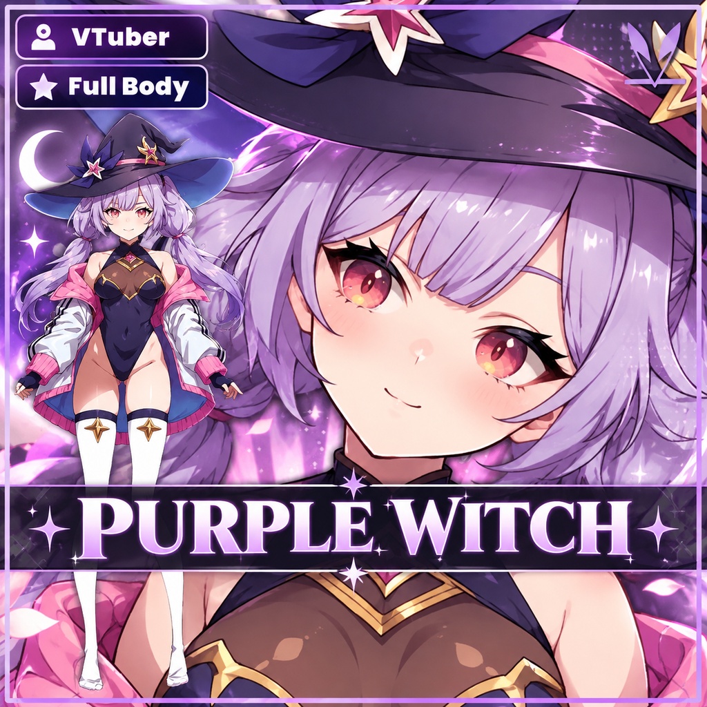 Premade VTuber Witch Mage Girl for vtube studio as a cute Purple, white full body vtuber witch girl full rigged live2d model