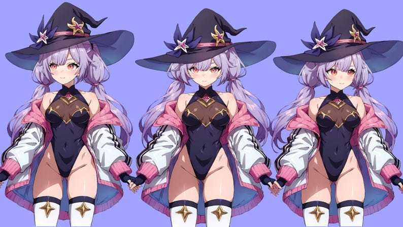 Premade VTuber Witch Mage Girl for vtube studio as a cute Purple, white full body vtuber witch girl full rigged live2d model