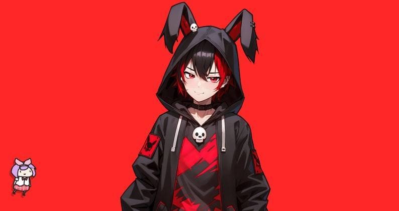 VTuber - Death Bunny Boy for vtube studio as a cool black, red half body vtuber animal goth male live2d model