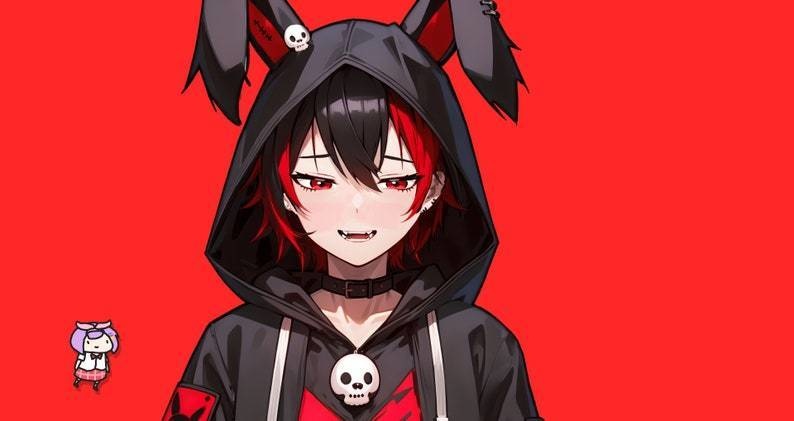 VTuber - Death Bunny Boy for vtube studio as a cool black, red half body vtuber animal goth male live2d model