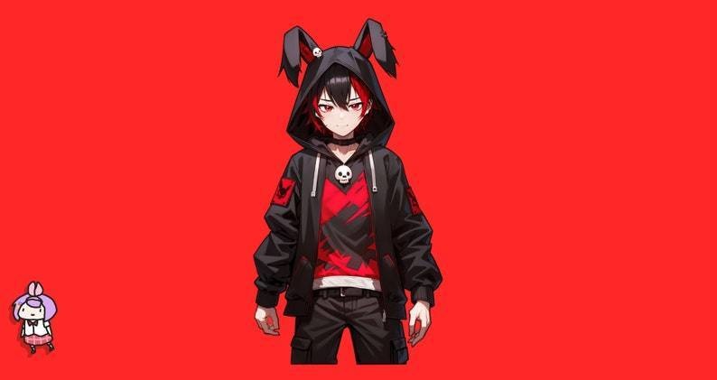VTuber - Death Bunny Boy for vtube studio as a cool black, red half body vtuber animal goth male live2d model