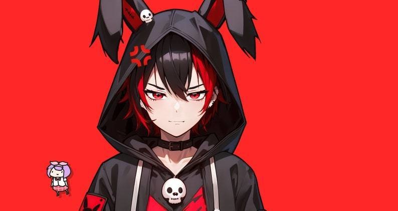 VTuber - Death Bunny Boy for vtube studio as a cool black, red half body vtuber animal goth male live2d model