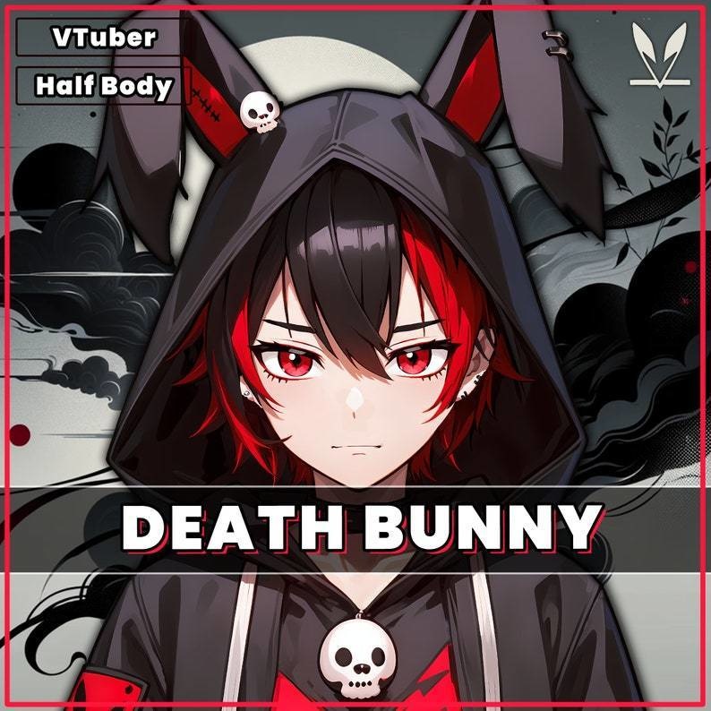 VTuber - Death Bunny Boy for vtube studio as a cool black, red half body vtuber animal goth male live2d model