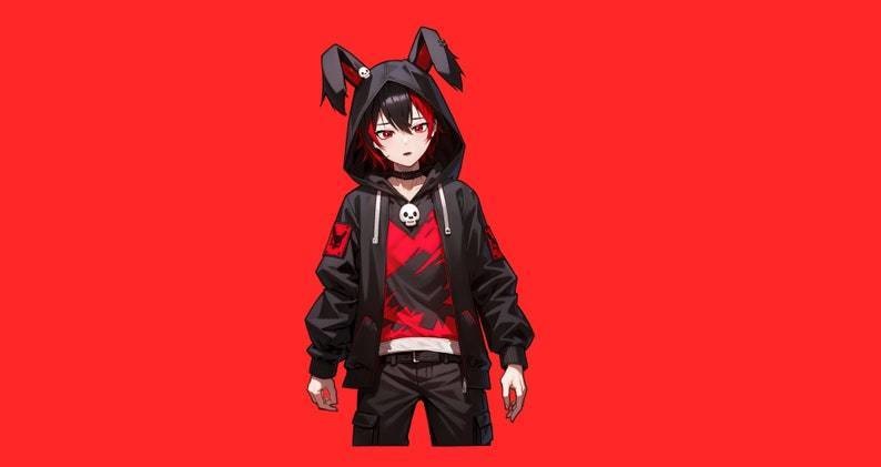 VTuber - Death Bunny Boy for vtube studio as a cool black, red half body vtuber animal goth male live2d model