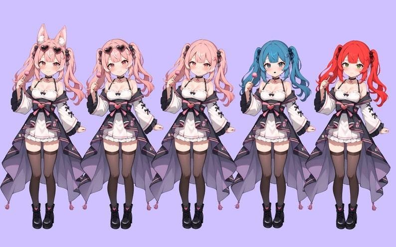 VTuber - Pink Kitsune Girl for vtube studio as a cute Pink, full body vtuber cat fox girl live2d model customizable