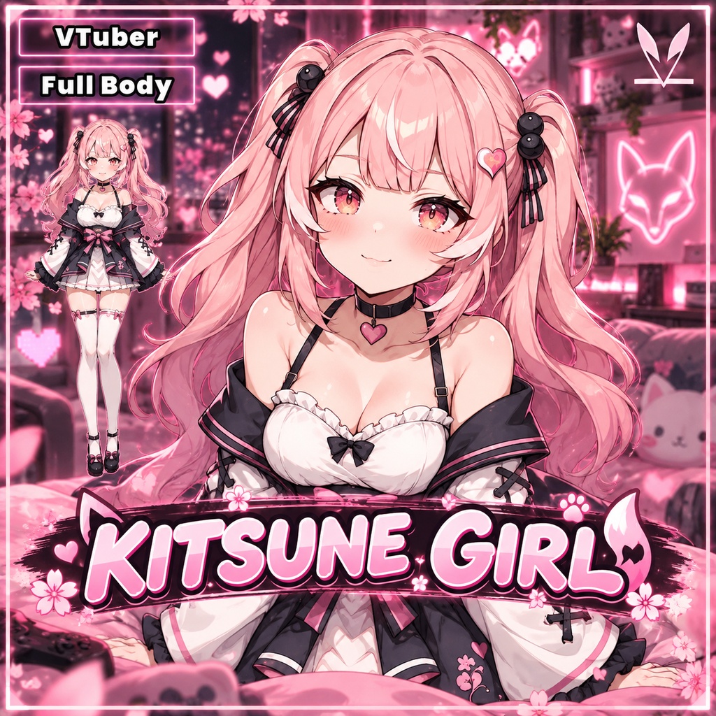 VTuber - Pink Kitsune Girl for vtube studio as a cute Pink, full body vtuber cat fox girl live2d model customizable
