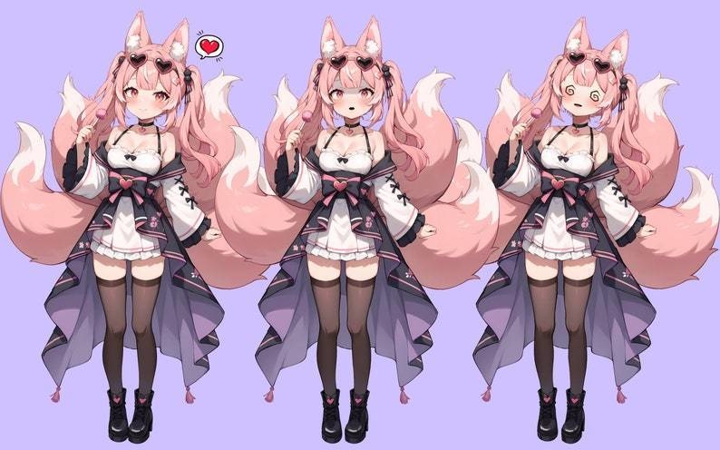 VTuber - Pink Kitsune Girl for vtube studio as a cute Pink, full body vtuber cat fox girl live2d model customizable