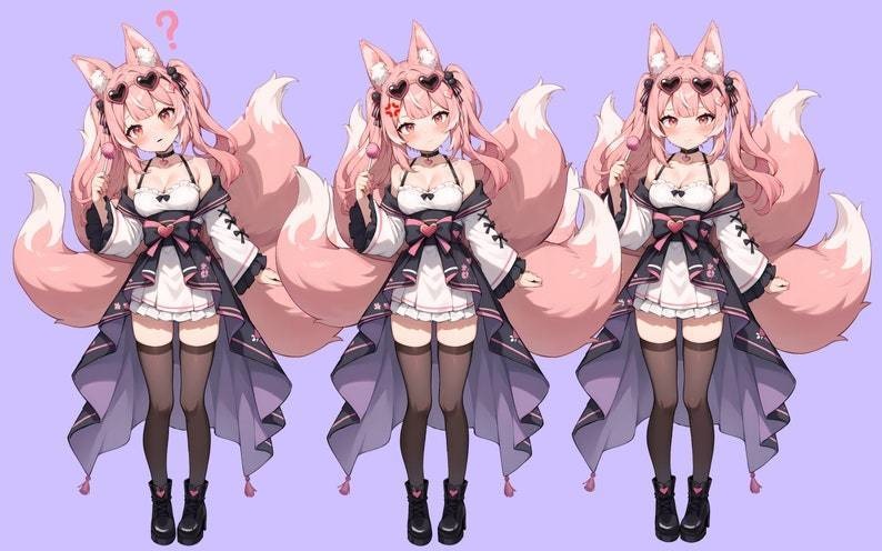 VTuber - Pink Kitsune Girl for vtube studio as a cute Pink, full body vtuber cat fox girl live2d model customizable
