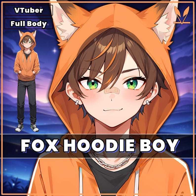 Male premade vtuber model - Fox Hoodie Boy for vtube studio as a customizable colored full body male live2d vtuber