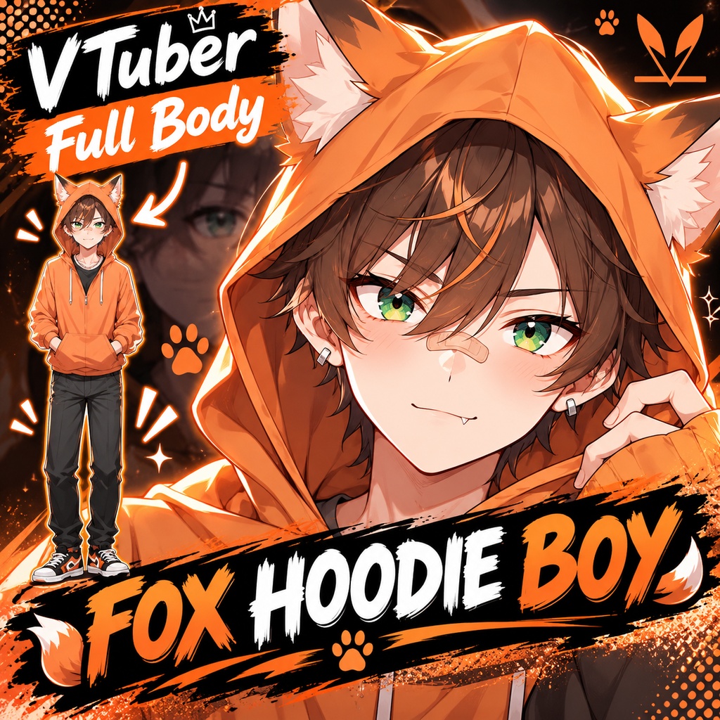 Male premade vtuber model - Fox Hoodie Boy for vtube studio as a customizable colored full body male live2d vtuber