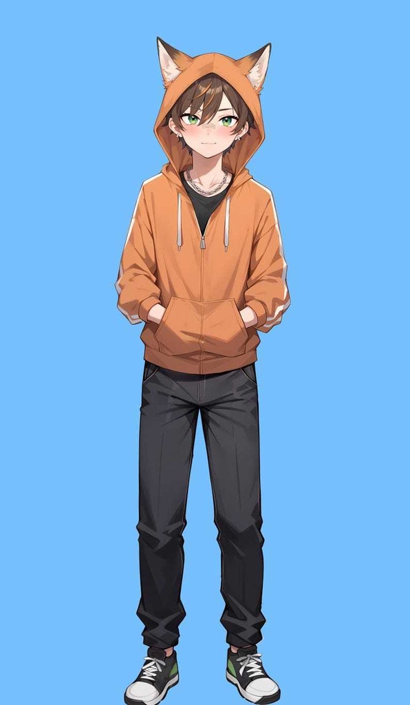 Male premade vtuber model - Fox Hoodie Boy for vtube studio as a customizable colored full body male live2d vtuber