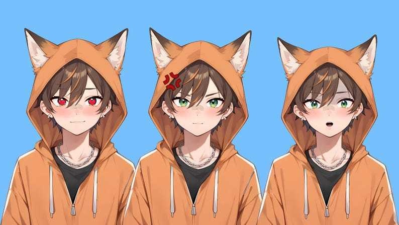 Male premade vtuber model - Fox Hoodie Boy for vtube studio as a customizable colored full body male live2d vtuber