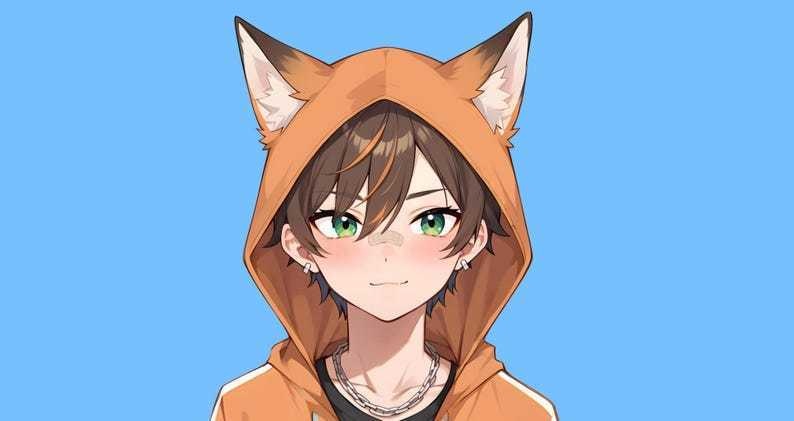 Male premade vtuber model - Fox Hoodie Boy for vtube studio as a customizable colored full body male live2d vtuber