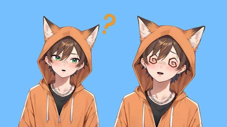 Male premade vtuber model - Fox Hoodie Boy for vtube studio as a customizable colored full body male live2d vtuber