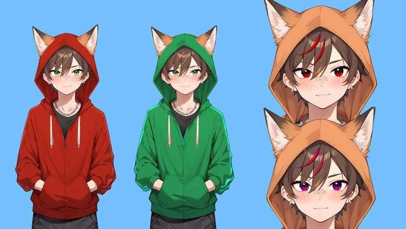 Male premade vtuber model - Fox Hoodie Boy for vtube studio as a customizable colored full body male live2d vtuber