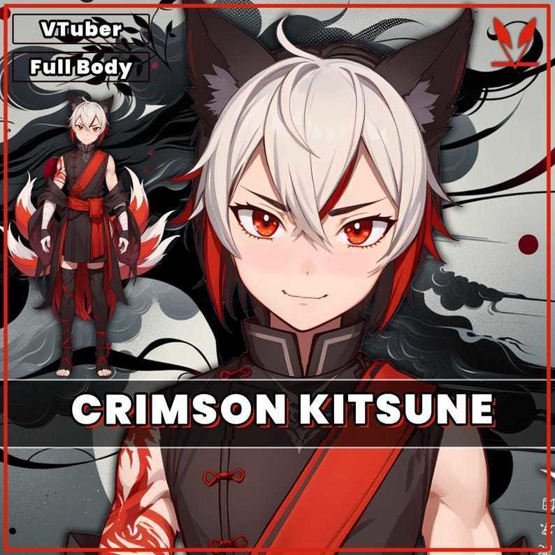 Male premade VTuber model - Crimson Kitsune Boy for vtube studio as a cool customizable colored full body vtuber male 2d vtuber