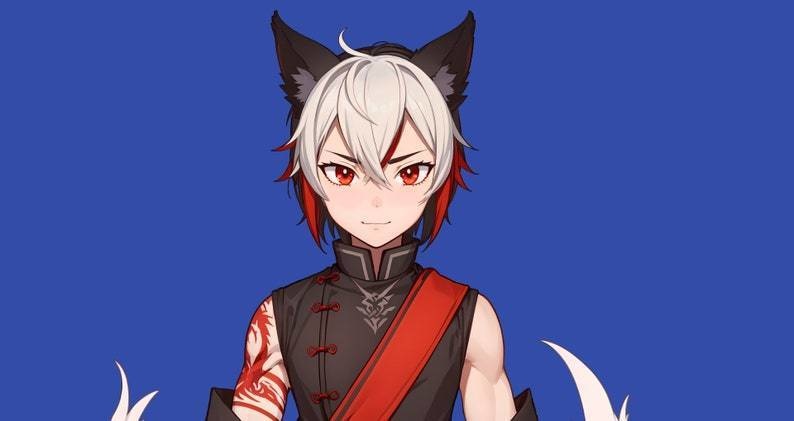 Male premade VTuber model - Crimson Kitsune Boy for vtube studio as a cool customizable colored full body vtuber male 2d vtuber