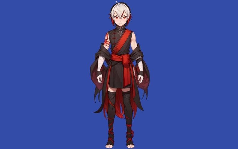 Male premade VTuber model - Crimson Kitsune Boy for vtube studio as a cool customizable colored full body vtuber male 2d vtuber