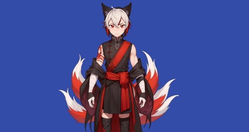 Male premade VTuber model - Crimson Kitsune Boy for vtube studio as a cool customizable colored full body vtuber male 2d vtuber
