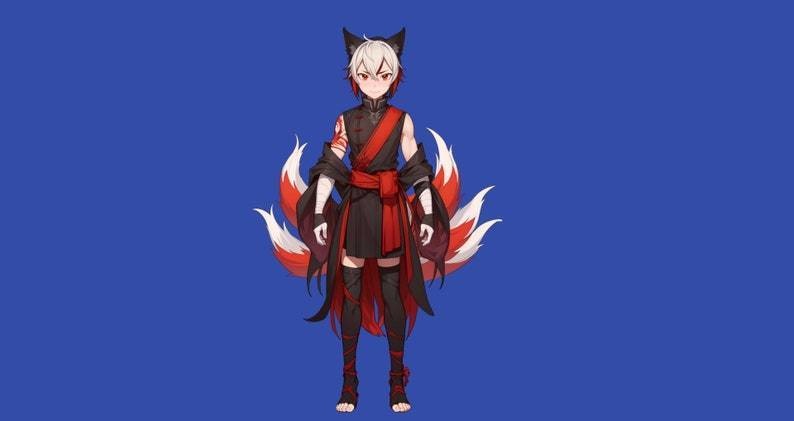 Male premade VTuber model - Crimson Kitsune Boy for vtube studio as a cool customizable colored full body vtuber male 2d vtuber
