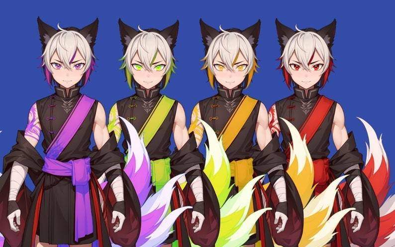 Male premade VTuber model - Crimson Kitsune Boy for vtube studio as a cool customizable colored full body vtuber male 2d vtuber