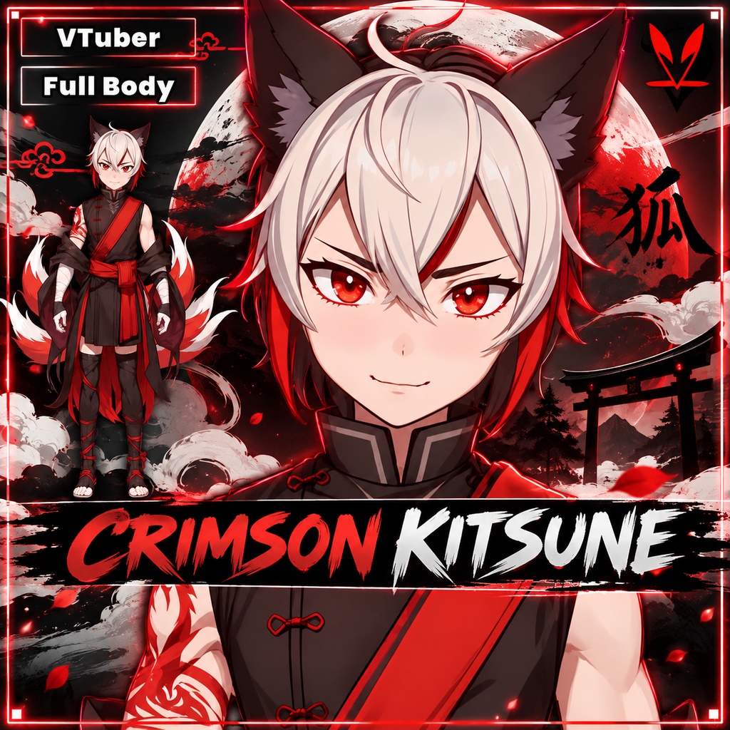 Male premade VTuber model - Crimson Kitsune Boy for vtube studio as a cool customizable colored full body vtuber male 2d vtuber