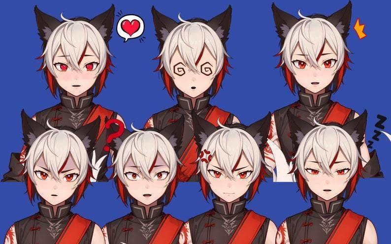 Male premade VTuber model - Crimson Kitsune Boy for vtube studio as a cool customizable colored full body vtuber male 2d vtuber