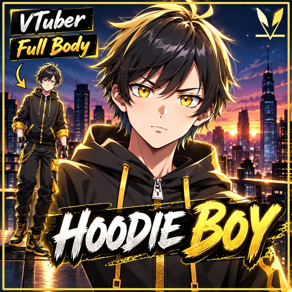 Male premade VTuber model - Hoodie Boy for vtube studio as a cool customizable colored full body vtuber male 2d vtuber