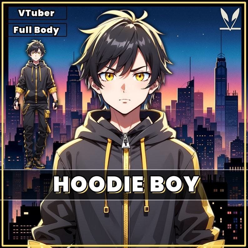 Male premade VTuber model - Hoodie Boy for vtube studio as a cool customizable colored full body vtuber male 2d vtuber