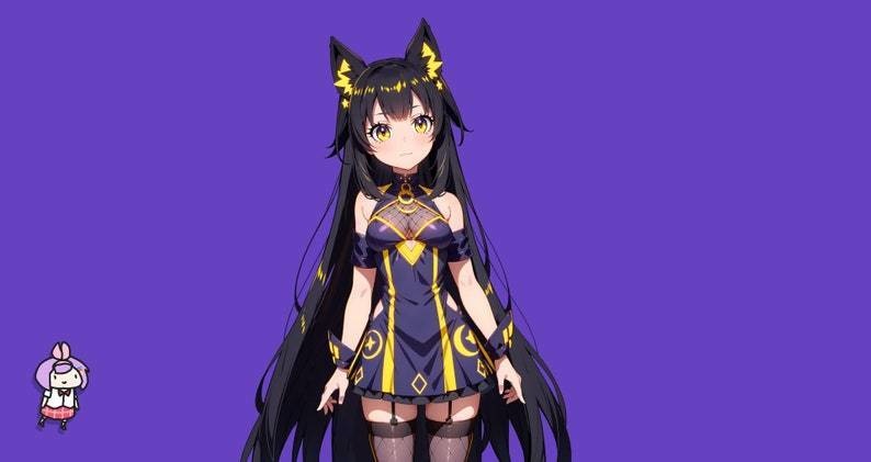 Premade Live 2d VTuber Model - Shadow cat girl for vtube studio as a cute yellow, dark blue full body vtuber animal female commercial use